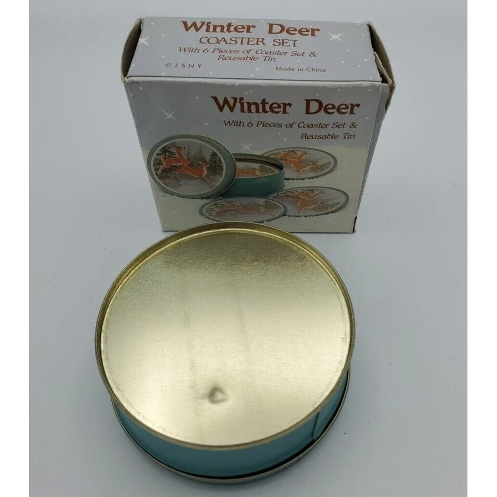 Vintage 1990 Winter‎ Deer Coaster Set With Tin Christmas Buck 6 Piece